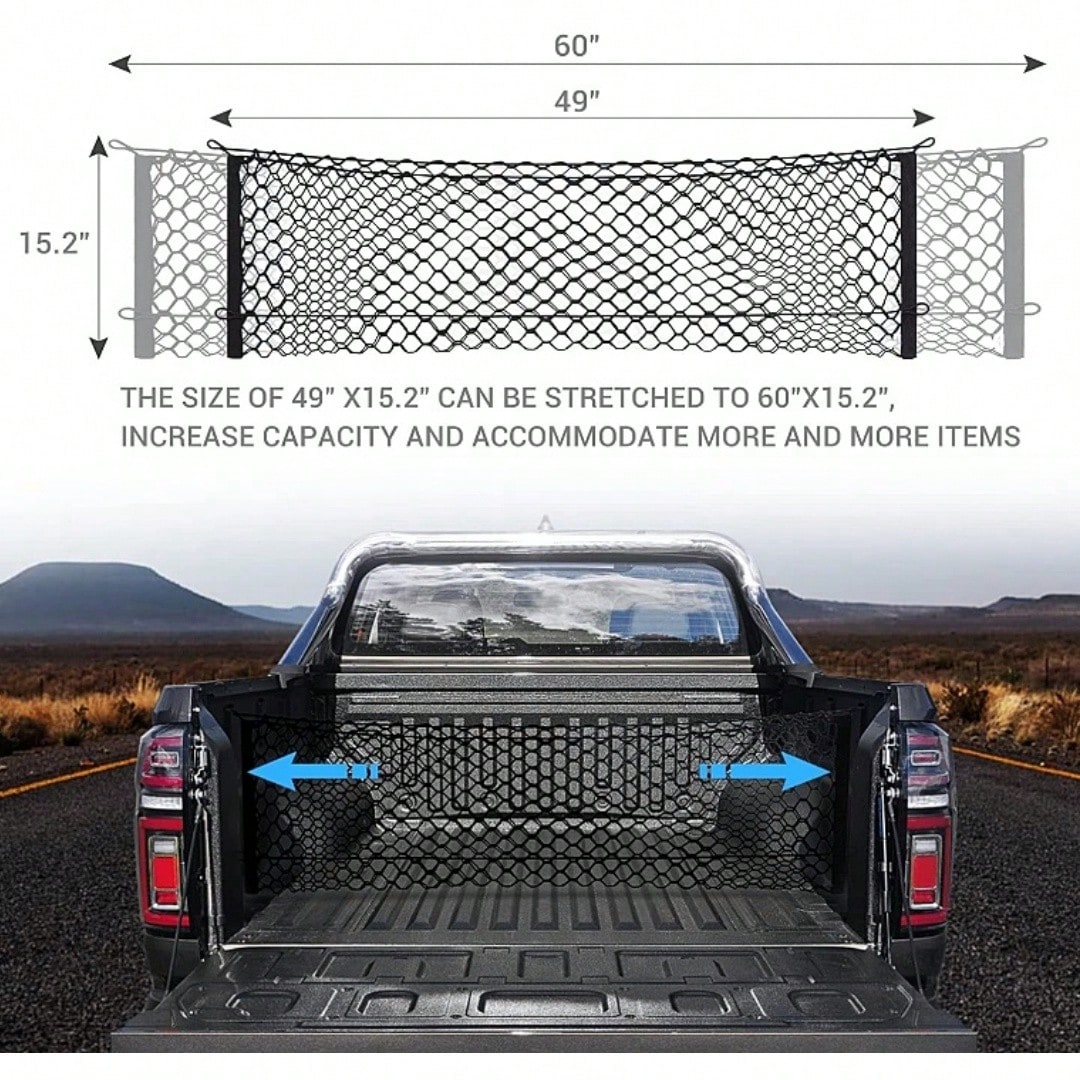 Truck Bed Organizer Net- 49"X15.7" Elastic Cargo Net With 4 Metal Hooks, Secures Gear In Trucks, SUVs, Truck Bed Storage Hold Many Items