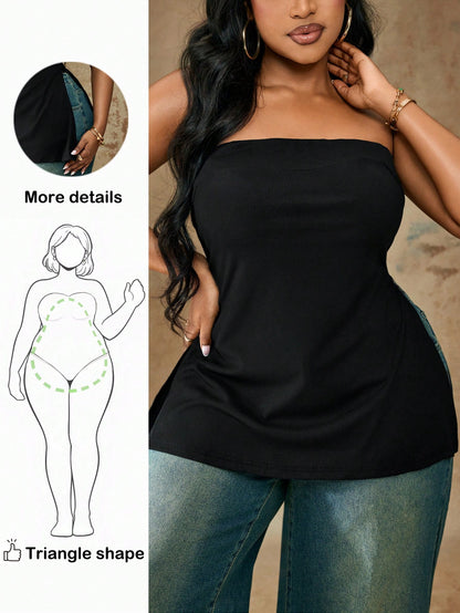 Truni Plus Size Women Summer Solid Color Cinched Bandeau Top, For Pear & Triangle Body Shape