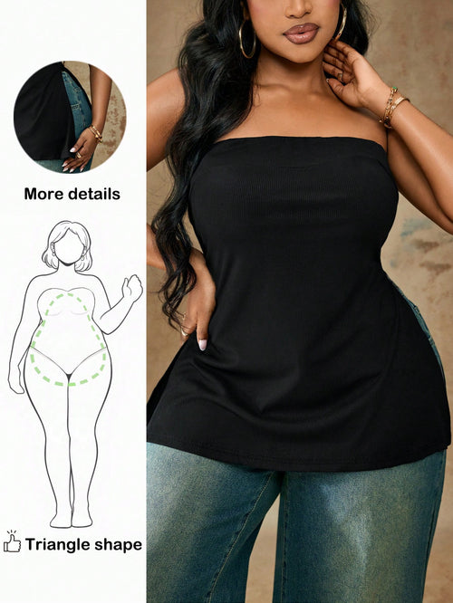 Truni Plus Size Women Summer Solid Color Cinched Bandeau Top, For Pear & Triangle Body Shape