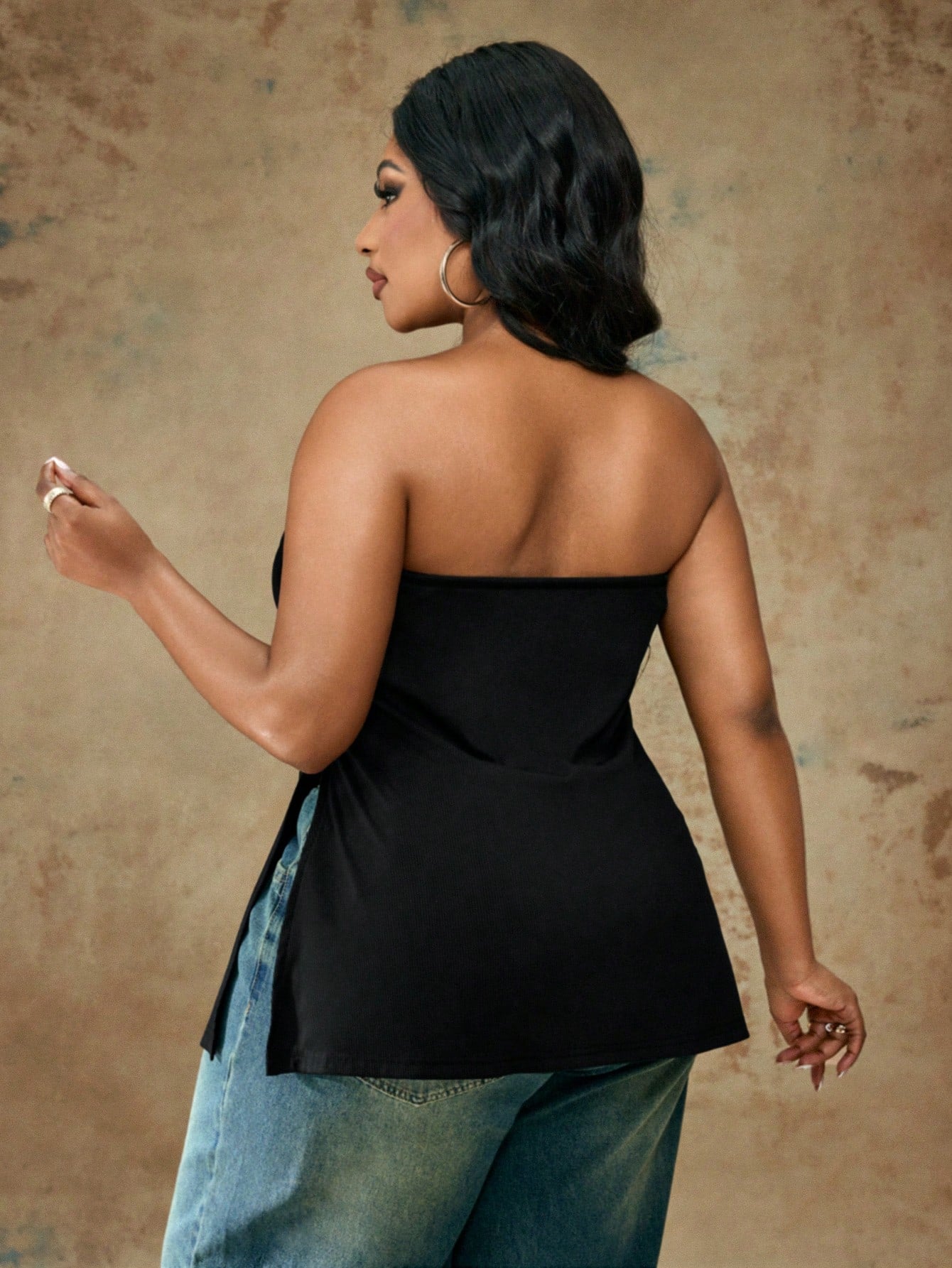 Truni Plus Size Women Summer Solid Color Cinched Bandeau Top, For Pear & Triangle Body Shape