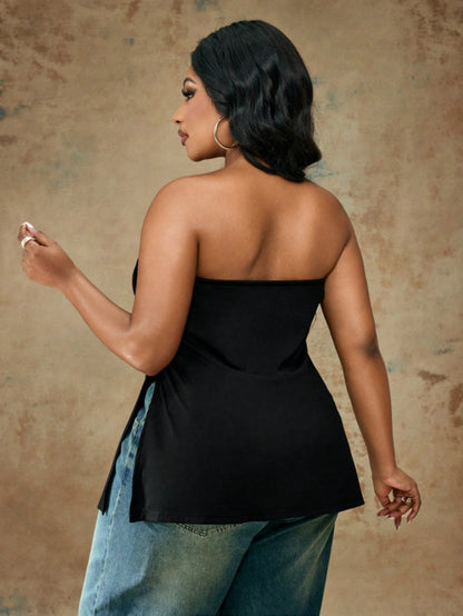 Truni Plus Size Women Summer Solid Color Cinched Bandeau Top, For Pear & Triangle Body Shape