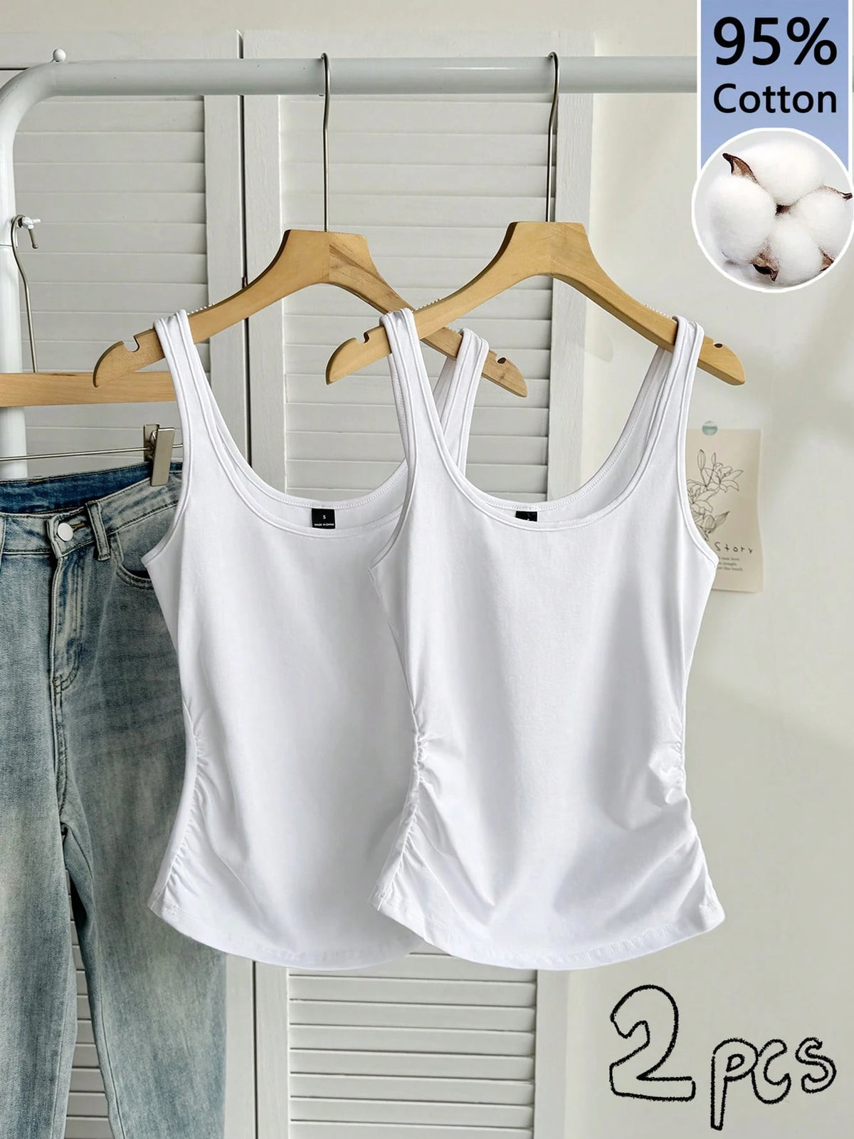 Tseoso 2pcs Women White Summer Casual Scoop Neck Ruched Waist Fitted Tank Top Set,Workout 95% Cotton Basic Tops,Vintage Cute Softgirl Daily Wear Fall Clothes