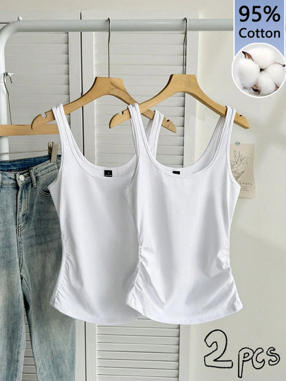 Tseoso 2pcs Women White Summer Casual Scoop Neck Ruched Waist Fitted Tank Top Set,Workout 95% Cotton Basic Tops,Vintage Cute Softgirl Daily Wear Fall Clothes