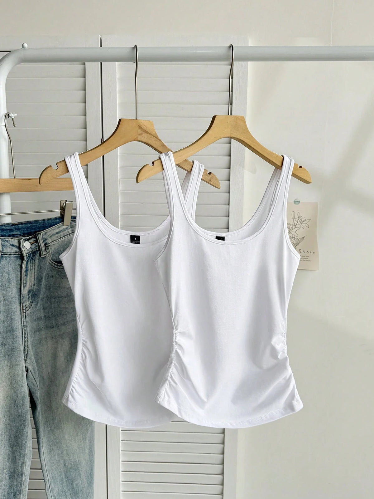 Tseoso 2pcs Women White Summer Casual Scoop Neck Ruched Waist Fitted Tank Top Set,Workout 95% Cotton Basic Tops,Vintage Cute Softgirl Daily Wear Fall Clothes