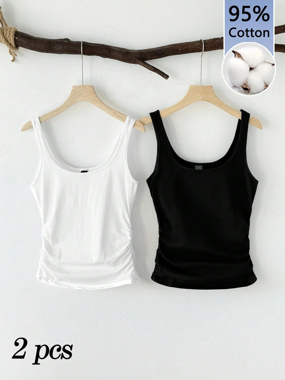 Tseoso 2pcs Women White Summer Casual Scoop Neck Ruched Waist Fitted Tank Top Set,Workout 95% Cotton Basic Tops,Vintage Cute Softgirl Daily Wear Fall Clothes
