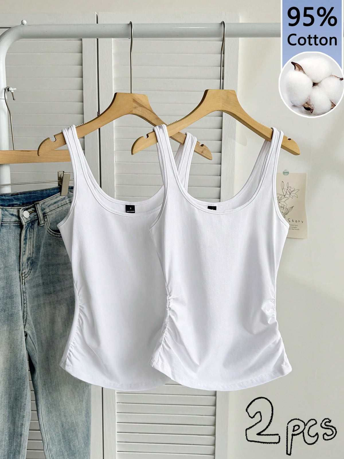Tseoso 2pcs Women White Summer Casual Scoop Neck Ruched Waist Fitted Tank Top Set,Workout 95% Cotton Basic Tops,Vintage Cute Softgirl Daily Wear Fall Clothes