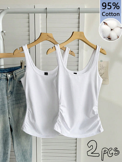 Tseoso 2pcs Women White Summer Casual Scoop Neck Ruched Waist Fitted Tank Top Set,Workout 95% Cotton Basic Tops,Vintage Cute Softgirl Daily Wear Fall Clothes