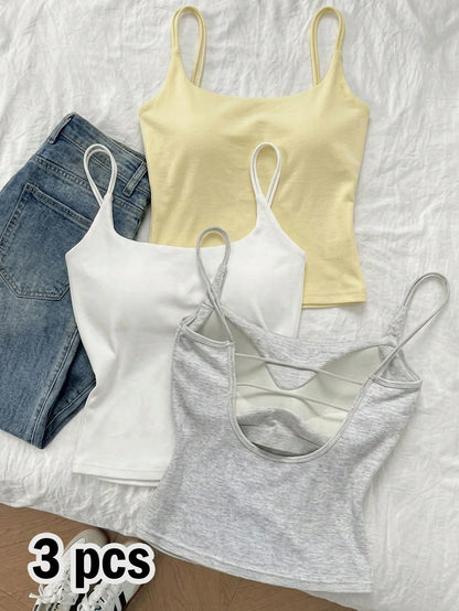 Tseoso 3 Packs Women's Ribbed Camisole Tops With Built-In Padded Bra,White And Yellow,Summer,Casual,Gym Versatile Tank Tops For Sports,Streetwear & School