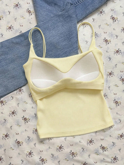 Tseoso 3 Packs Women's Ribbed Camisole Tops With Built-In Padded Bra,White And Yellow,Summer,Casual,Gym Versatile Tank Tops For Sports,Streetwear & School