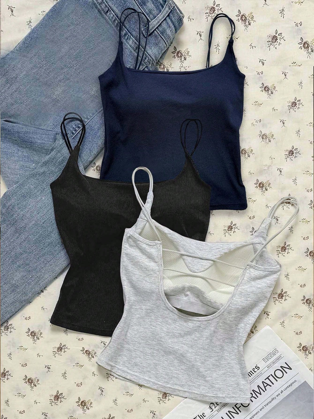Tseoso 3 Packs Women's Ribbed Camisole Tops With Built-In Padded Bra,White And Yellow,Summer,Casual,Gym Versatile Tank Tops For Sports,Streetwear & School