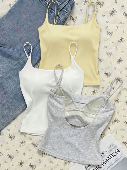 Tseoso 3 Packs Women's Ribbed Camisole Tops With Built-In Padded Bra,White And Yellow,Summer,Casual,Gym Versatile Tank Tops For Sports,Streetwear & School