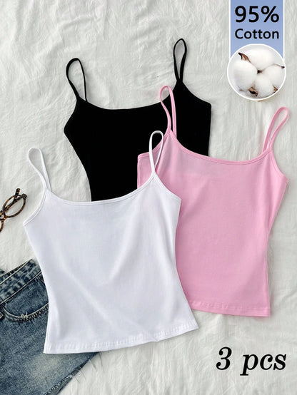 Tseoso 3pcs/Set Black, White, Pink Women's Sexy Cropped Camisole Tops, Suitable For Summer Beach