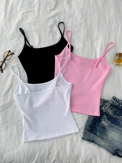 Tseoso 3pcs/Set Black, White, Pink Women's Sexy Cropped Camisole Tops, Suitable For Summer Beach