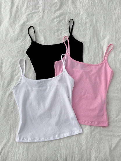 Tseoso 3pcs/Set Black, White, Pink Women's Sexy Cropped Camisole Tops, Suitable For Summer Beach