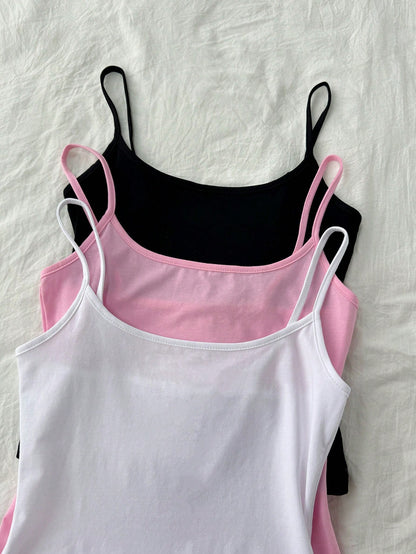 Tseoso 3pcs/Set Black, White, Pink Women's Sexy Cropped Camisole Tops, Suitable For Summer Beach