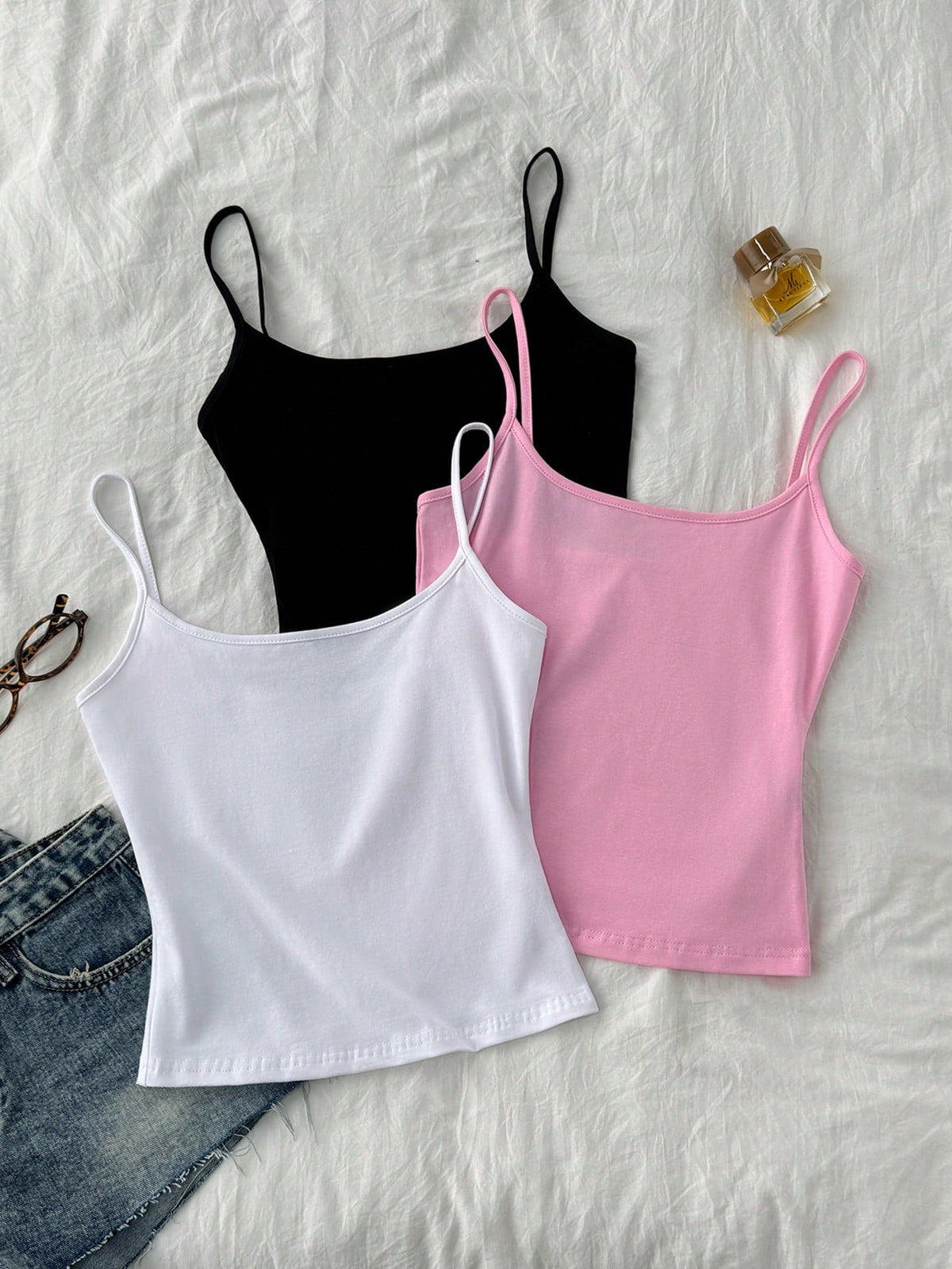 Tseoso 3pcs/Set Black, White, Pink Women's Sexy Cropped Camisole Tops, Suitable For Summer Beach