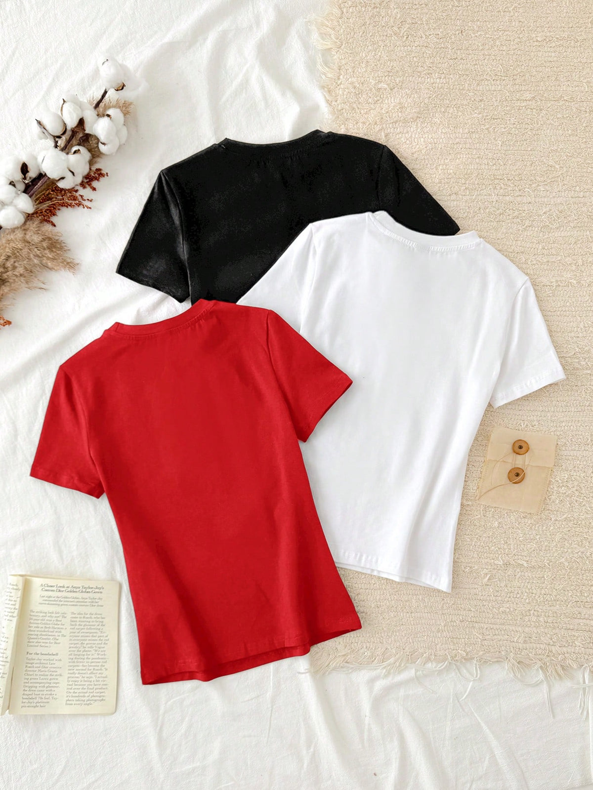 Tseoso 3pcs Set Women Casual Minimalist 95% Cotton Round Neck Fitted Long Sleeve T-Shirt,Summer Top