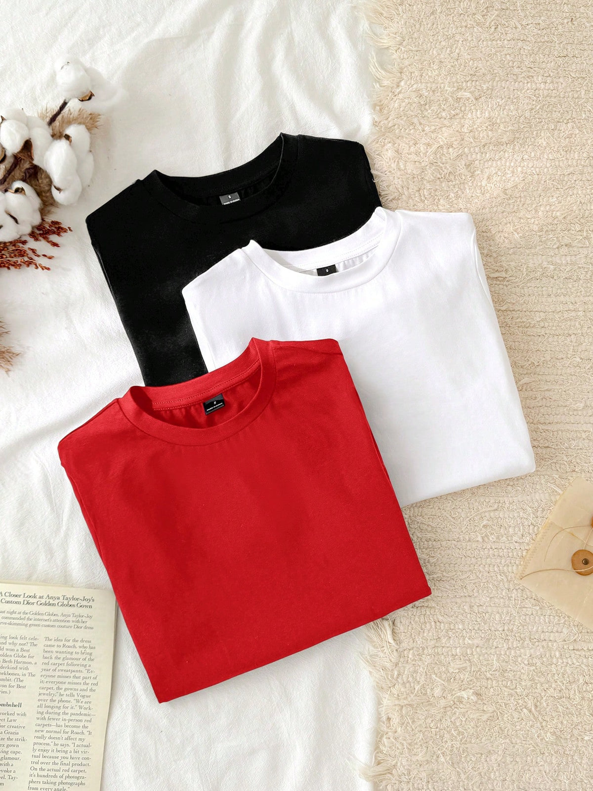 Tseoso 3pcs Set Women Casual Minimalist 95% Cotton Round Neck Fitted Long Sleeve T-Shirt,Summer Top