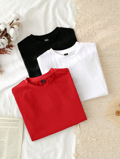 Tseoso 3pcs Set Women Casual Minimalist 95% Cotton Round Neck Fitted Long Sleeve T-Shirt,Summer Top