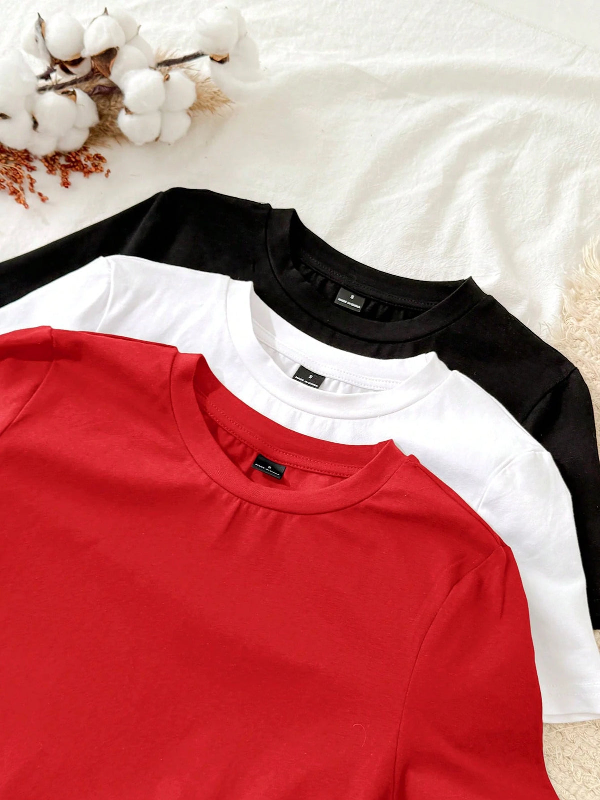 Tseoso 3pcs Set Women Casual Minimalist 95% Cotton Round Neck Fitted Long Sleeve T-Shirt,Summer Top