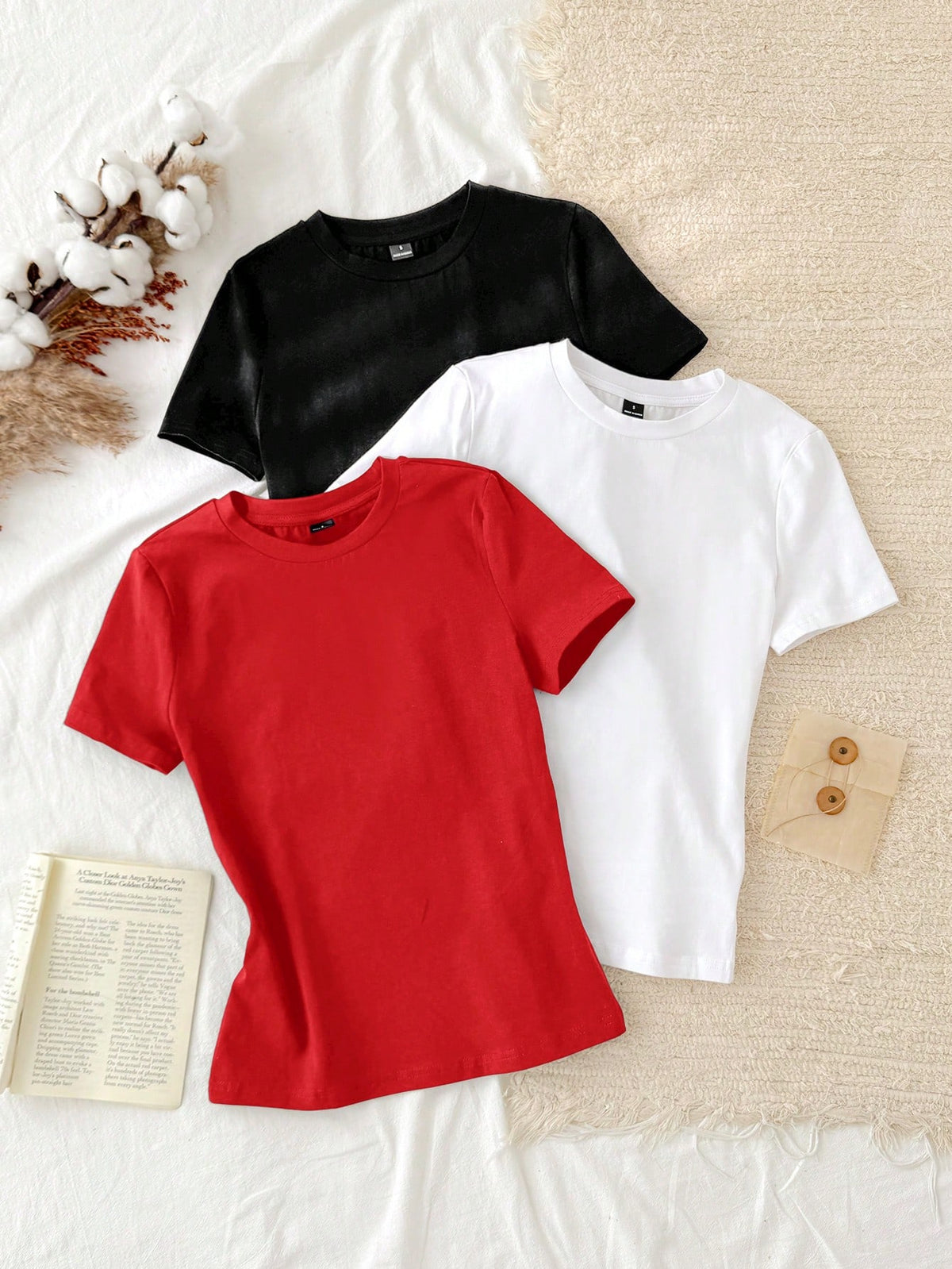 Tseoso 3pcs Set Women Casual Minimalist 95% Cotton Round Neck Fitted Long Sleeve T-Shirt,Summer Top
