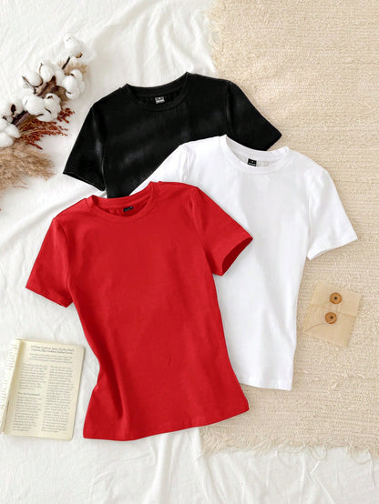 Tseoso 3pcs Set Women Casual Minimalist 95% Cotton Round Neck Fitted Long Sleeve T-Shirt,Summer Top