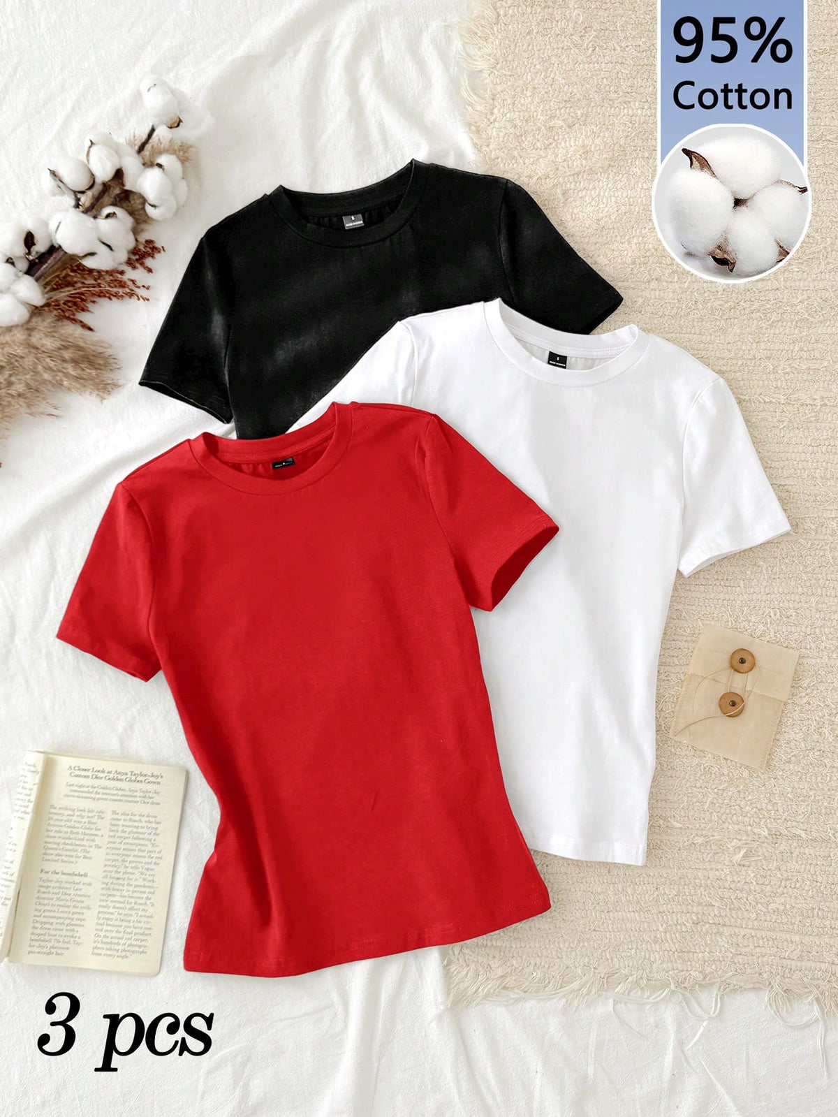 Tseoso 3pcs Set Women Casual Minimalist 95% Cotton Round Neck Fitted Long Sleeve T-Shirt,Summer Top