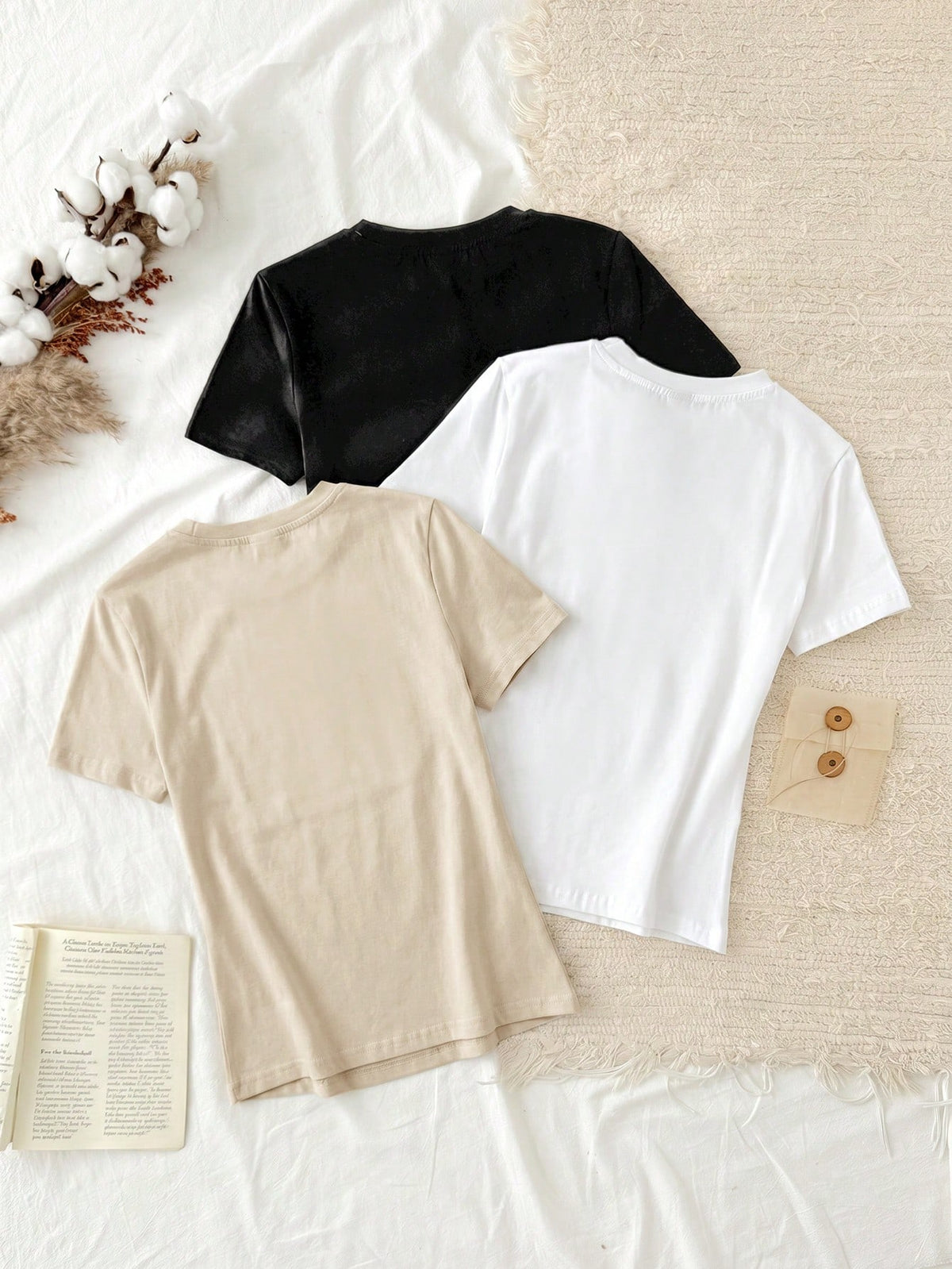 Tseoso 3pcs Set Women Casual Minimalist 95% Cotton Round Neck Fitted Short Sleeve T-Shirt, Summer Tops