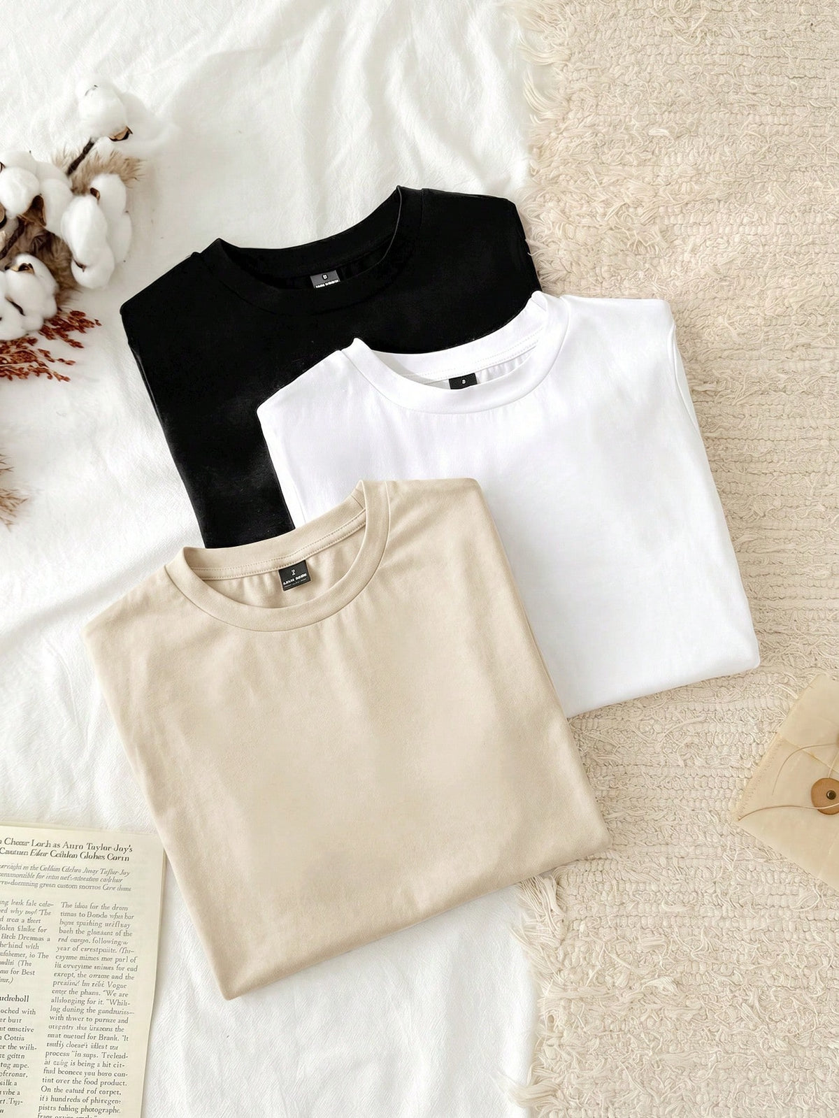 Tseoso 3pcs Set Women Casual Minimalist 95% Cotton Round Neck Fitted Short Sleeve T-Shirt, Summer Tops