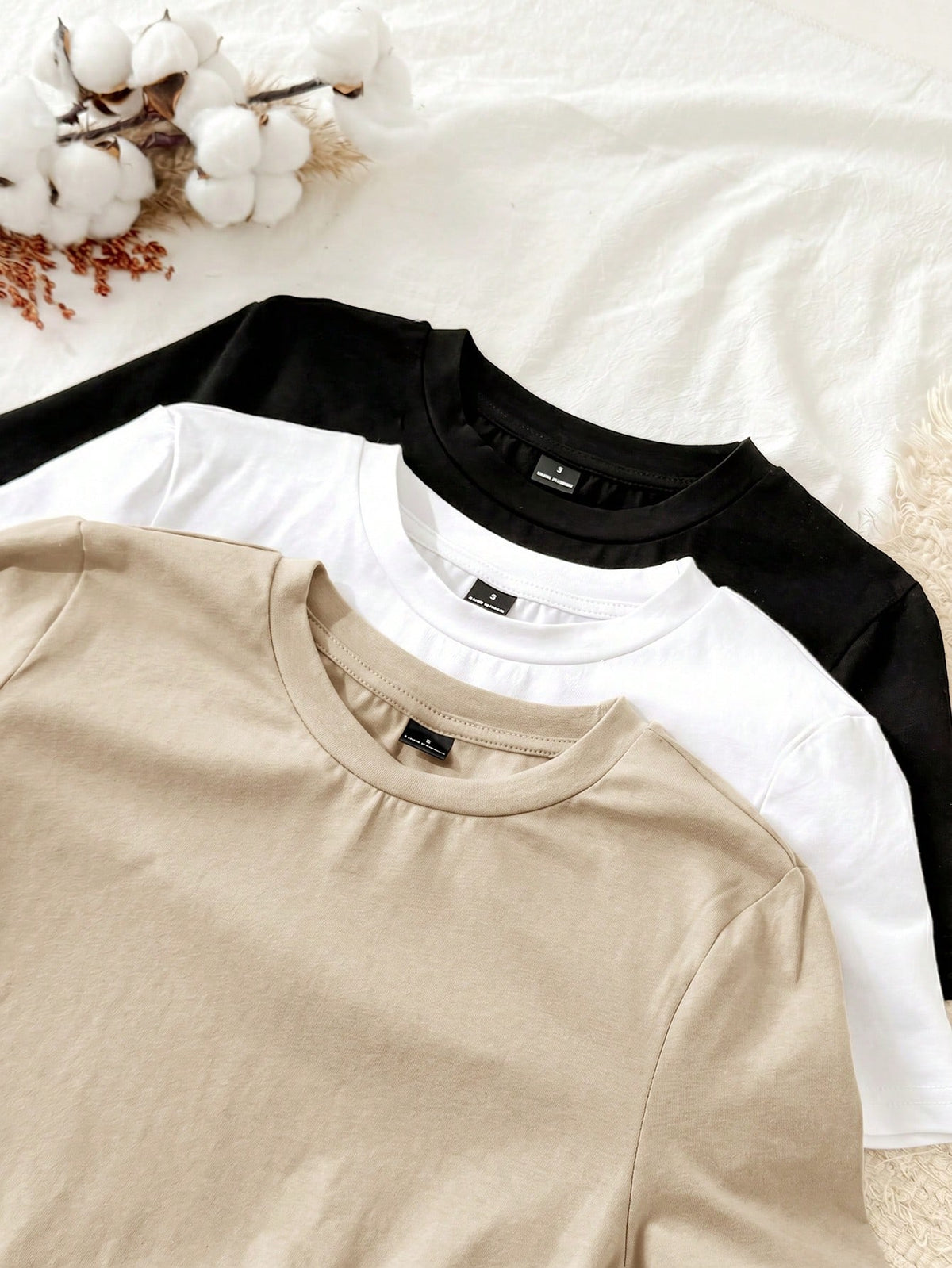 Tseoso 3pcs Set Women Casual Minimalist 95% Cotton Round Neck Fitted Short Sleeve T-Shirt, Summer Tops