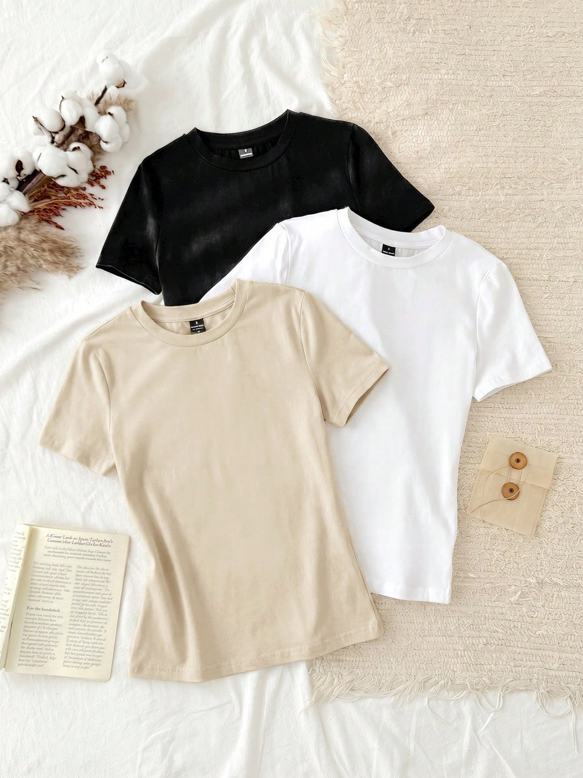 Tseoso 3pcs Set Women Casual Minimalist 95% Cotton Round Neck Fitted Short Sleeve T-Shirt, Summer Tops