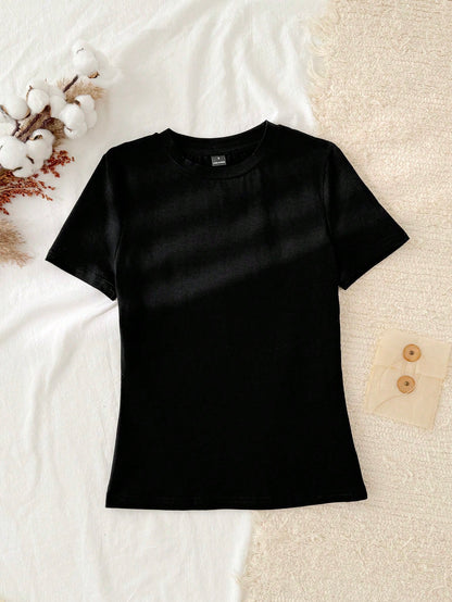 Tseoso 3pcs Set Women Casual Minimalist 95% Cotton Round Neck Fitted Short Sleeve T-Shirt, Summer Tops