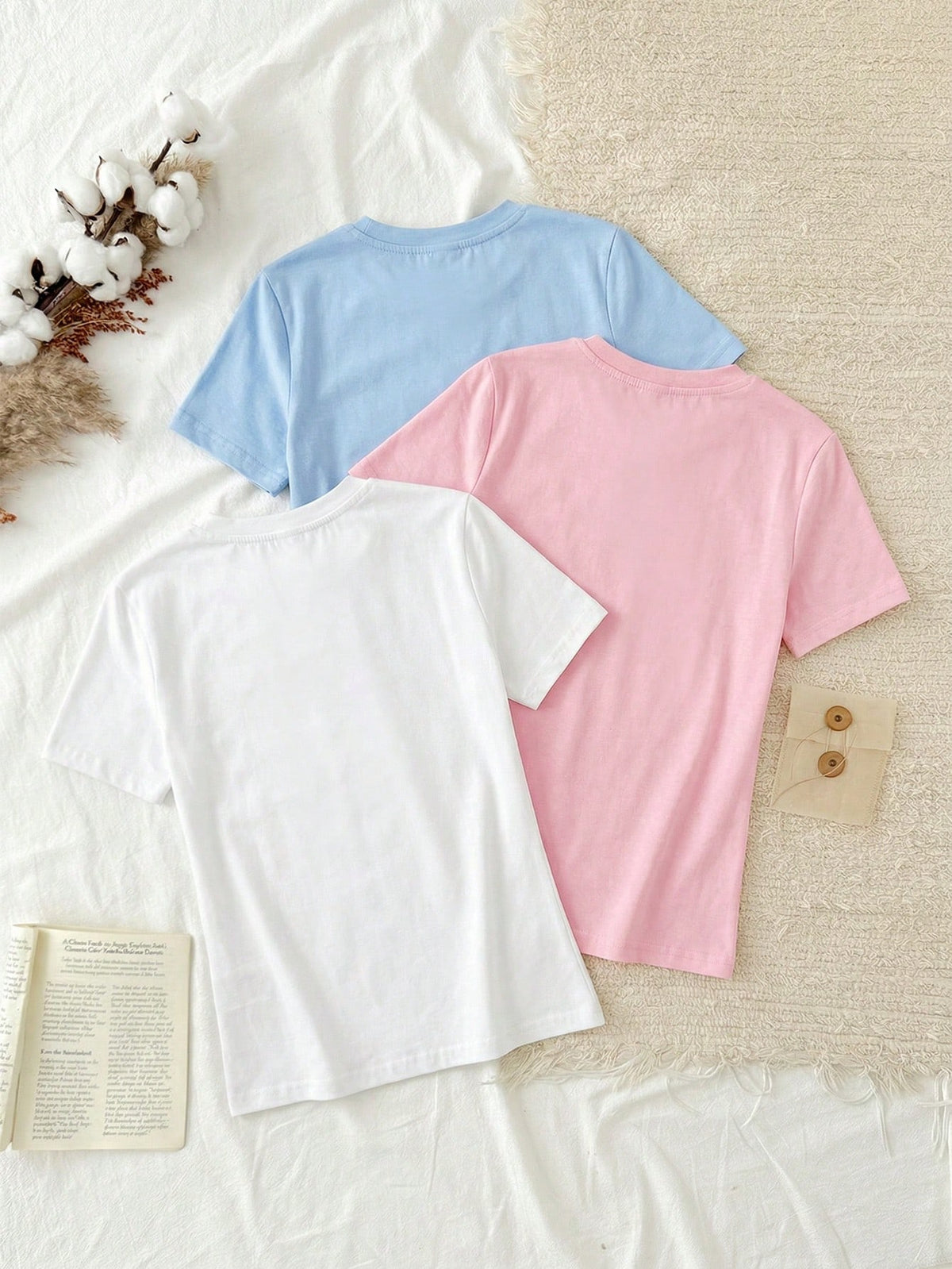 Tseoso 3pcs Set Women Casual Minimalist 95% Cotton Round Neck Slim Fit Short Sleeve T-Shirt