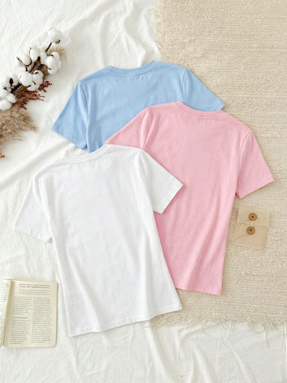 Tseoso 3pcs Set Women Casual Minimalist 95% Cotton Round Neck Slim Fit Short Sleeve T-Shirt