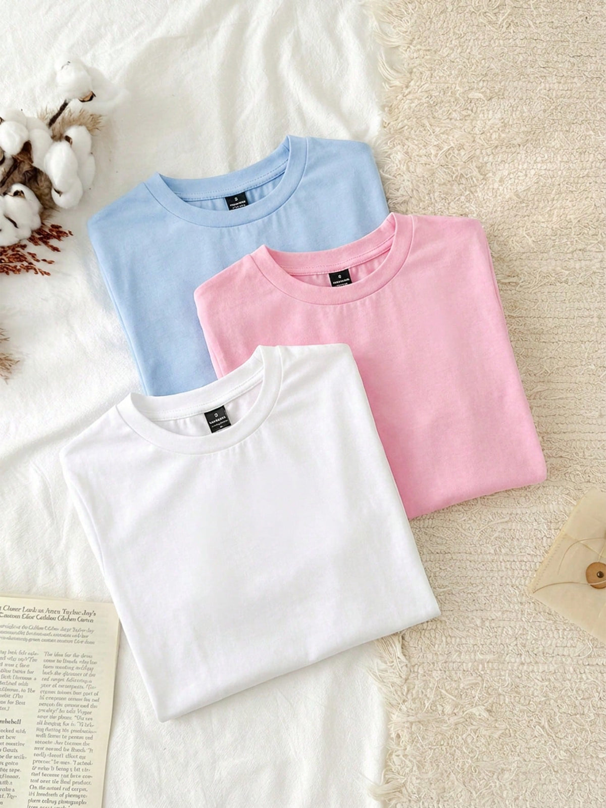 Tseoso 3pcs Set Women Casual Minimalist 95% Cotton Round Neck Slim Fit Short Sleeve T-Shirt
