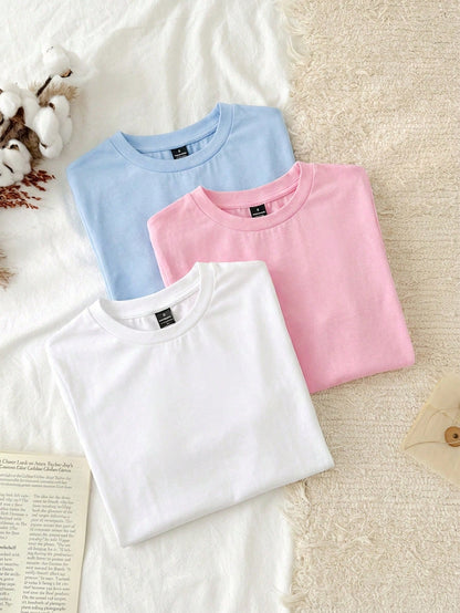 Tseoso 3pcs Set Women Casual Minimalist 95% Cotton Round Neck Slim Fit Short Sleeve T-Shirt