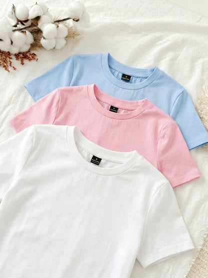 Tseoso 3pcs Set Women Casual Minimalist 95% Cotton Round Neck Slim Fit Short Sleeve T-Shirt