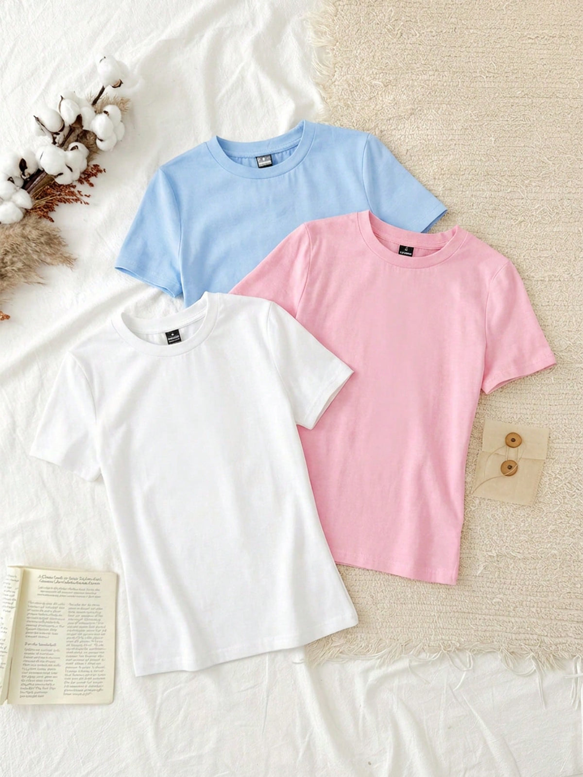Tseoso 3pcs Set Women Casual Minimalist 95% Cotton Round Neck Slim Fit Short Sleeve T-Shirt