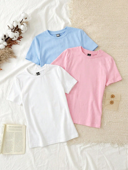 Tseoso 3pcs Set Women Casual Minimalist 95% Cotton Round Neck Slim Fit Short Sleeve T-Shirt