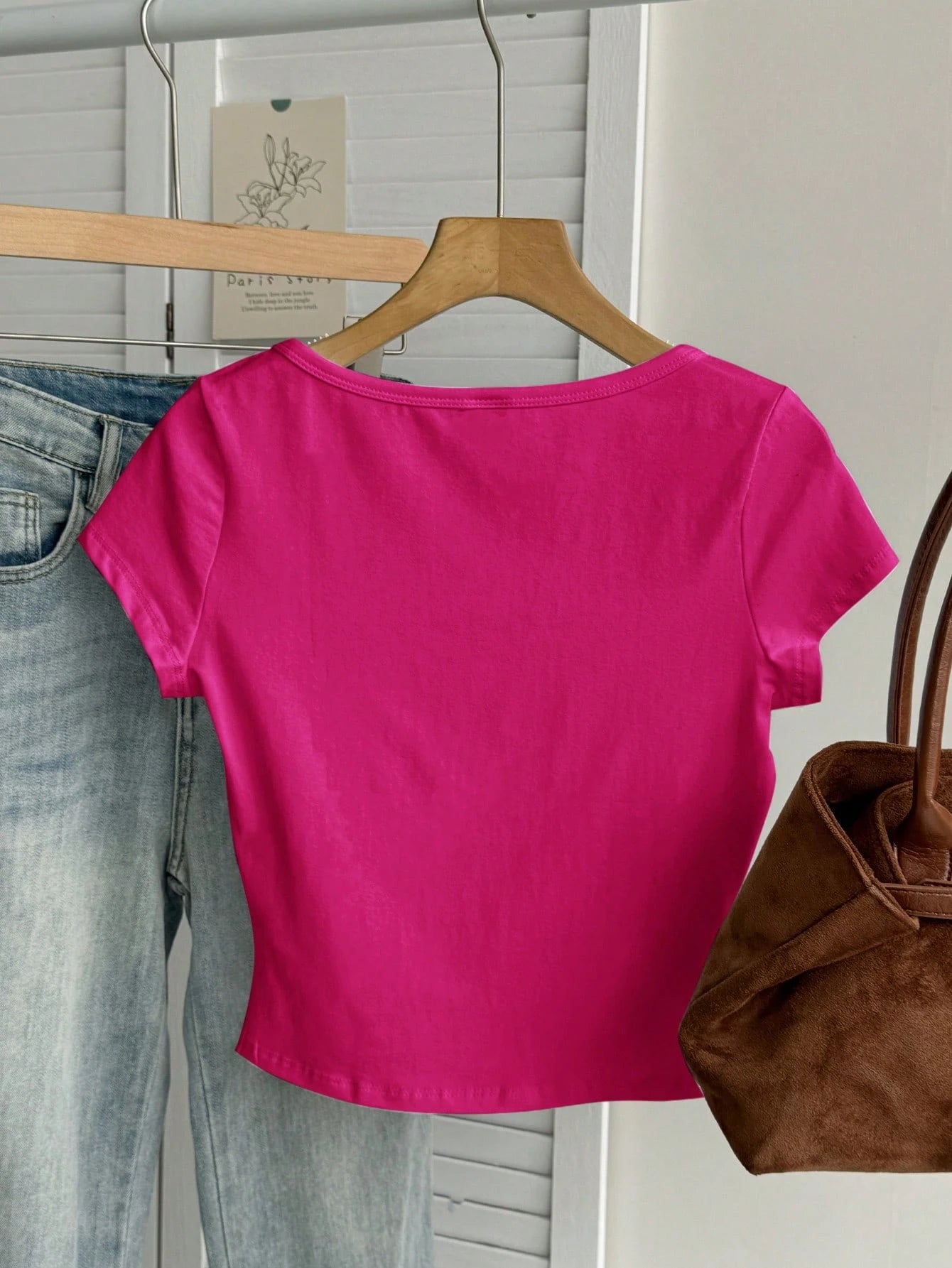Tseoso 95% Cotton Casual Minimalist Pattern Scoop Neck Cap Sleeve Fitted Women T-Shirt, Rose Red