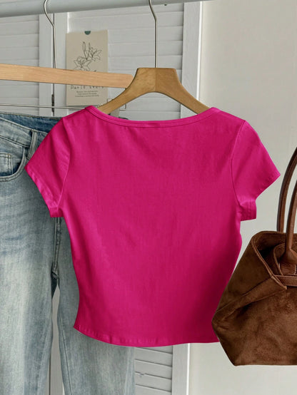 Tseoso 95% Cotton Casual Minimalist Pattern Scoop Neck Cap Sleeve Fitted Women T-Shirt, Rose Red