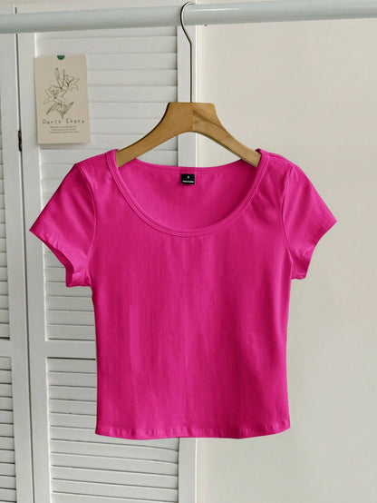 Tseoso 95% Cotton Casual Minimalist Pattern Scoop Neck Cap Sleeve Fitted Women T-Shirt, Rose Red