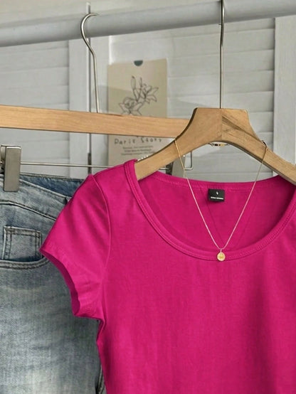 Tseoso 95% Cotton Casual Minimalist Pattern Scoop Neck Cap Sleeve Fitted Women T-Shirt, Rose Red