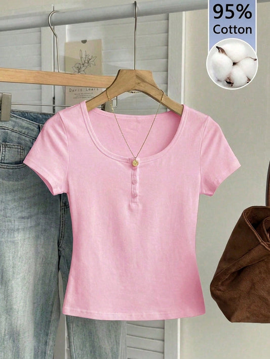 Tseoso 95% Cotton Henley Neck Short Sleeve T-Shirt, Pink