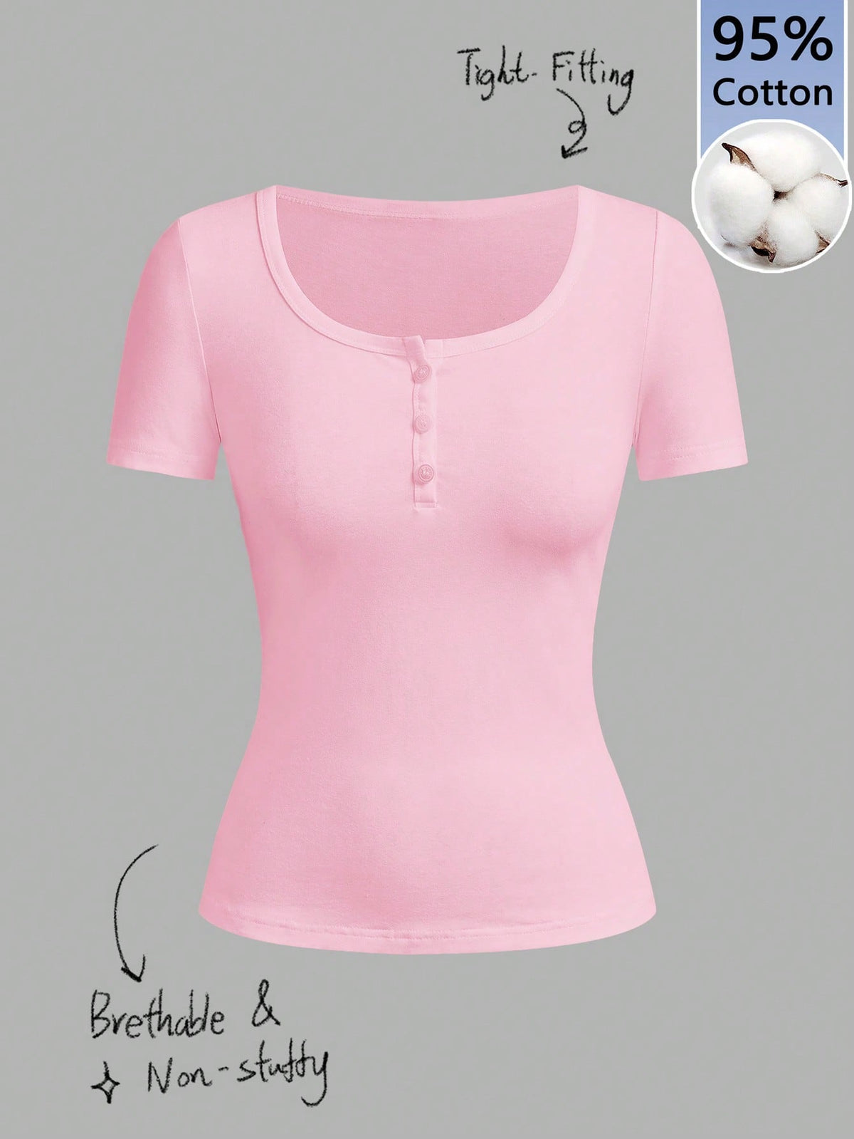 Tseoso 95% Cotton Henley Neck Short Sleeve T-Shirt, Pink