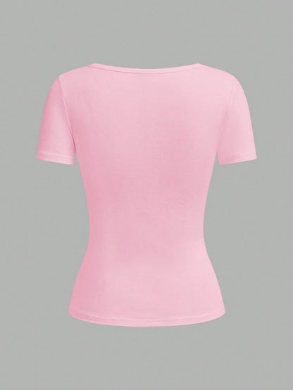 Tseoso 95% Cotton Henley Neck Short Sleeve T-Shirt, Pink