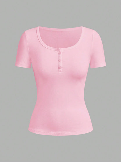 Tseoso 95% Cotton Henley Neck Short Sleeve T-Shirt, Pink