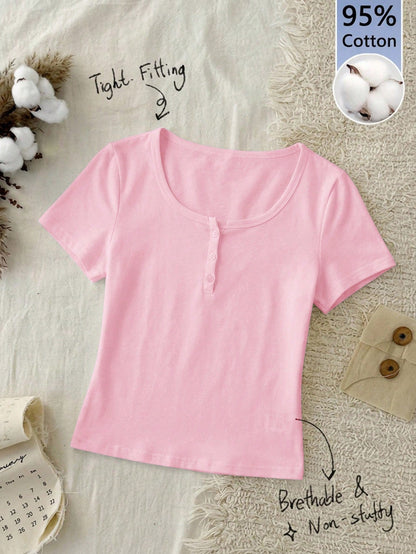 Tseoso 95% Cotton Henley Neck Short Sleeve T-Shirt, Pink
