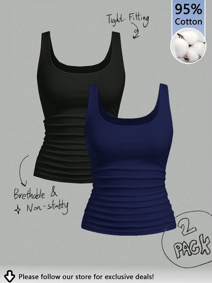 Tseoso 95% Cotton Women's Casual Large Scoop Neck Ruched Fitted Tank Top Set, Suitable For Daily Wear, Versatile