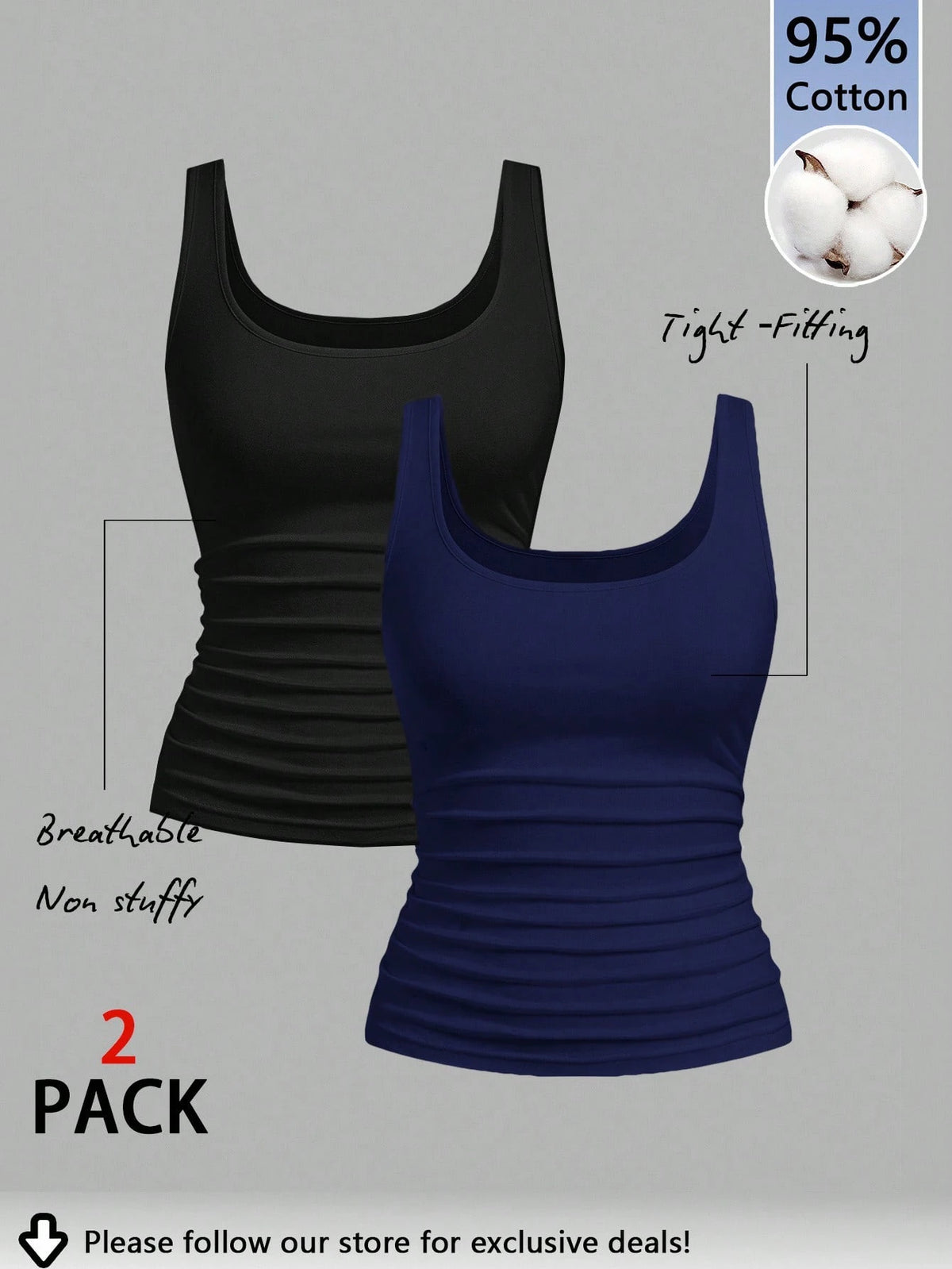 Tseoso 95% Cotton Women's Casual Large Scoop Neck Ruched Fitted Tank Top Set, Suitable For Daily Wear, Versatile
